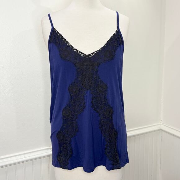 Express Size M Tank Top Camisole Y2K Lace Trim Blue Black Cross Back - Picture 1 of 12